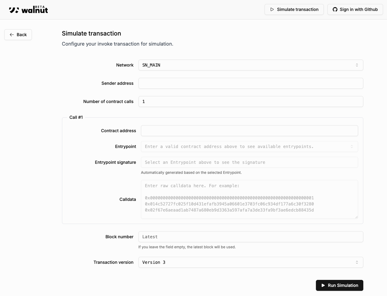 Screenshot of the Simulation Form Page on Starkloupe